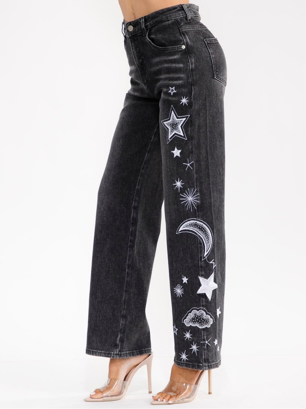High-Rise Black Wide-Leg Jeans with White Celestial Embroidery